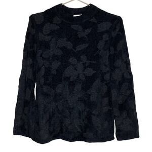 J Jill Womens Size XS‎ Black Floral Sweater Pullover Long Sleeve Silk Wool Blend